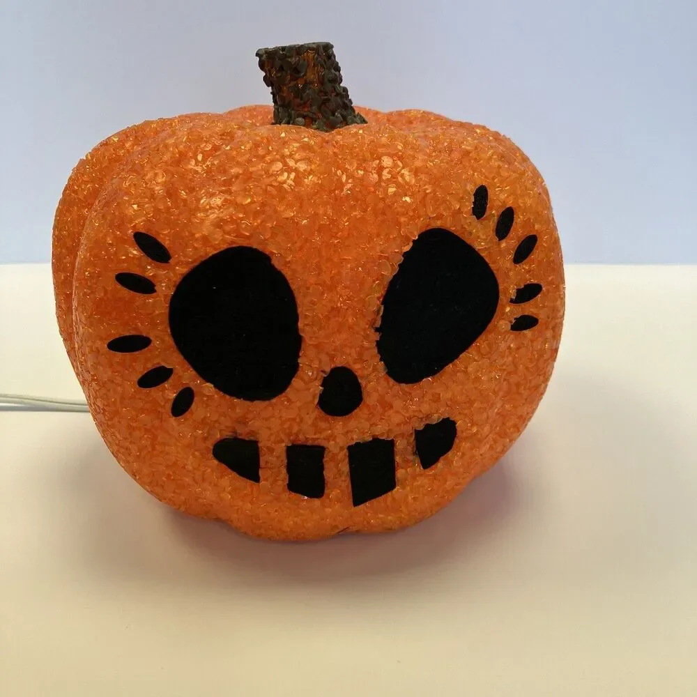 Vintage Halloween Melted Plastic Jack O  Lantern Lighted Sparkling 6” X 7”